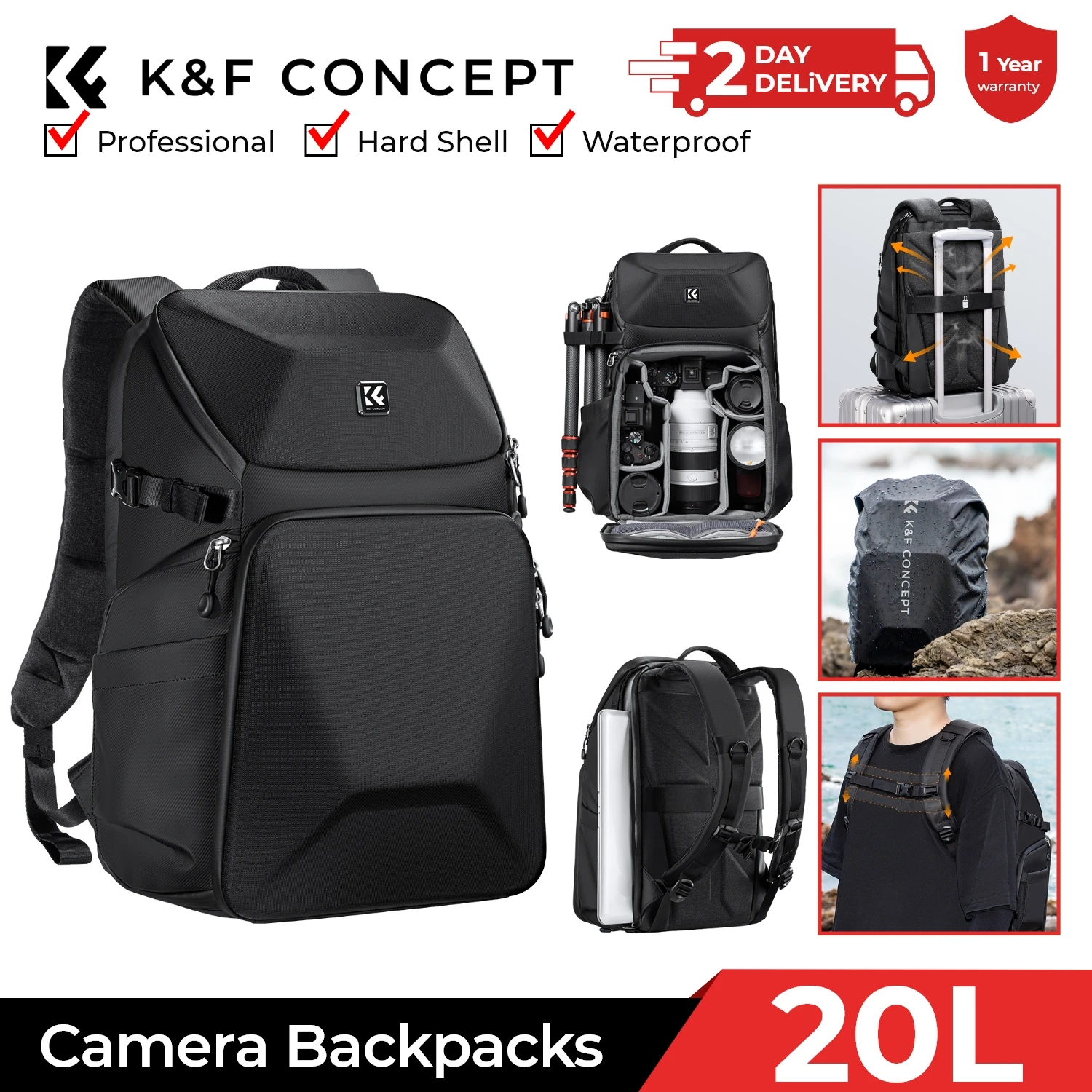 Photography Lighting Bag - K&F CONCEPT 20L Camera Backpack Waterproof